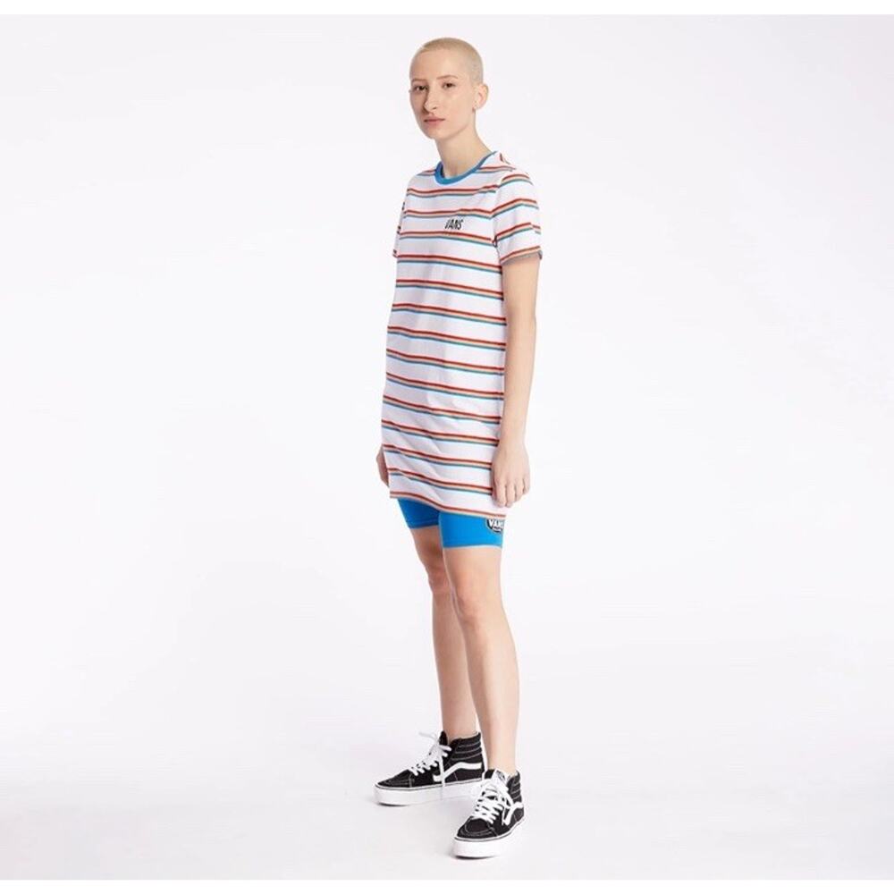 Vans Long Way Tee Dress White Tshirt Striped Women Sz Large Short Sleeves Retro